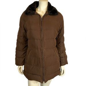 Andrew Marc Duck Down Feather Puffer Coat Chocolate Brown Jacket Faux Fur Collar